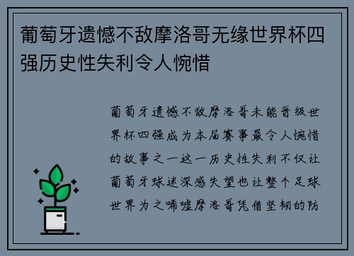 葡萄牙遗憾不敌摩洛哥无缘世界杯四强历史性失利令人惋惜