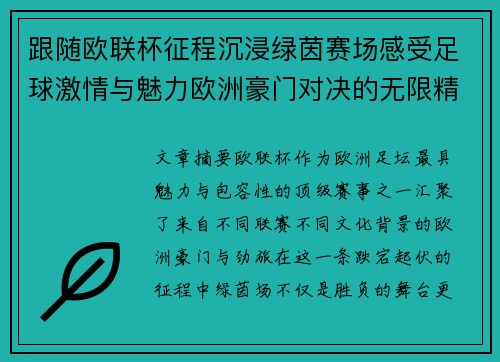 跟随欧联杯征程沉浸绿茵赛场感受足球激情与魅力欧洲豪门对决的无限精彩